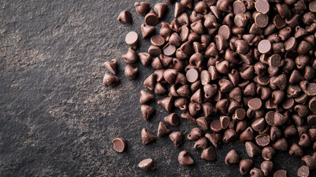 Top-down view of chocolate chips scattered on a surface, with ample copy spaceの素材