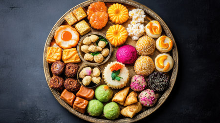 Top view of traditional Indian sweets assortment including laddoo, barfi, and jalebi on a festive platterの素材