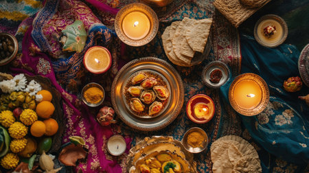 Top view of a festive Indian spread with candles, sweets, and colorful fabricsの素材