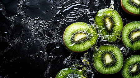Sliced kiwis with water splashes, top view. Ample copy space at the top for your messageの素材