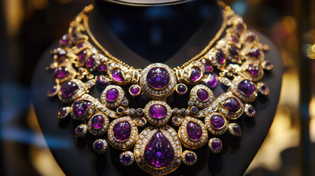 A stunning necklace adorned with multiple purple stones elegantly displayed, highlighting its intricate designの素材