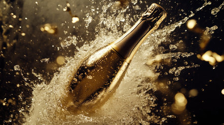 Overhead view of a champagne bottle mid-splash, perfect for party themes with space for festive messagingの素材