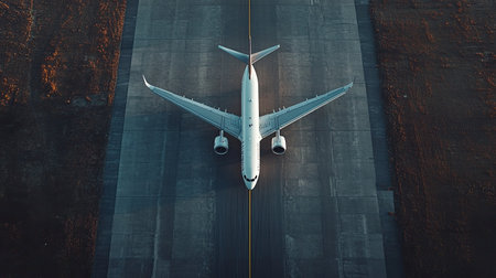 Top view of a plane descending gracefully onto a runway, leaving room for text in the surrounding space.の素材