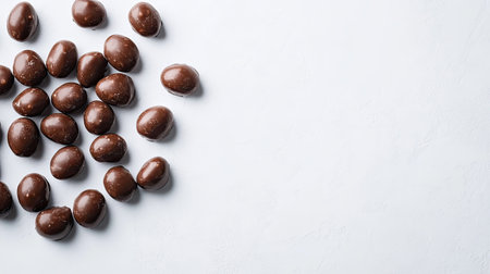 Bird-eye view of chocolate-coated nuts on a white surface, with clean space for textの素材