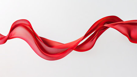 A flowing red ribbon suspended in the air against a clean white background, creating a striking contrastの素材