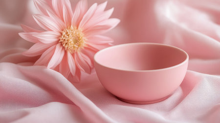 Pink bowl on a pink fabric, with a pink flower behind, highlighting the monochromatic and delicate color scheme.の素材