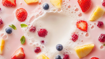 Refreshing mixed fruit flavored milk in mid-splash, captured from above with plenty of room for textの素材