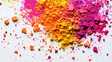 Top view of vibrant Holi powder colors scattered on a white surface, ready for celebrationの素材