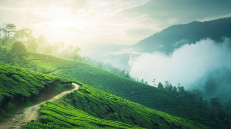 The picturesque tea plantations of Munnar, India, with misty hills and winding paths. Copy space availableの素材