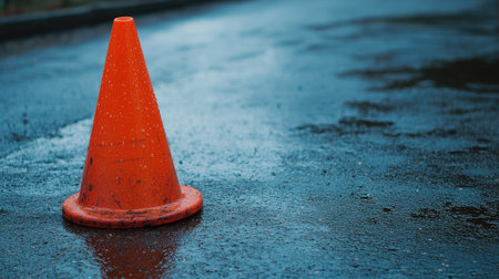 Close-up of a bright orange traffic cone on an asphalt surface, with ample copy space around itの素材