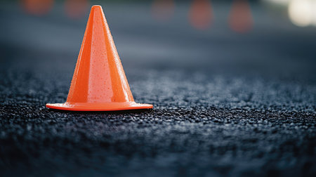 Close-up of a bright orange traffic cone on an asphalt surface, with ample copy space around itの素材