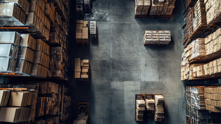 Warehouse storage area with packed shelves, viewed from above, with plenty of copy space available.の素材