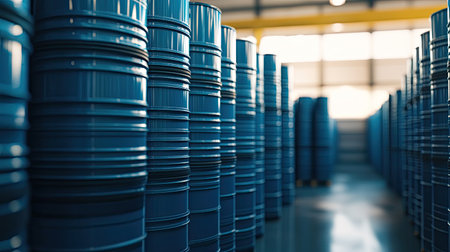 Stacks of blue oil barrels in a warehouse, captured from a side angle, with a clear background and plenty of copy spaceの素材