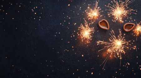 Top view of Diwali fireworks display on a black background, with space for event textの素材