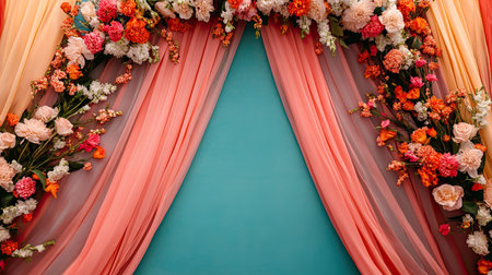 Top view of a decorated wedding mandap with flowers and fabric drapes, empty space for textの素材