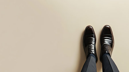Businessman's feet in formal shoes mid-step, with a clean, neutral background and plenty of space for copy.の素材