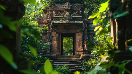 A stunning ruby-stone temple entrance framed by lush greenery, ideal for tourism ads, with copy spaceの素材