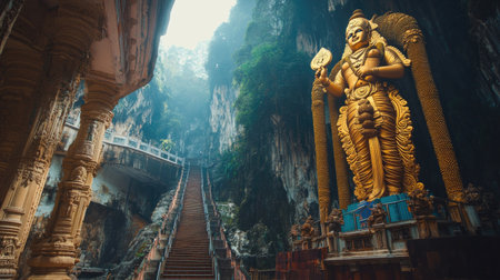 The stunning Batu Caves in Kuala Lumpur, Malaysia, with a giant golden statue and steep steps. Copy space availableの素材