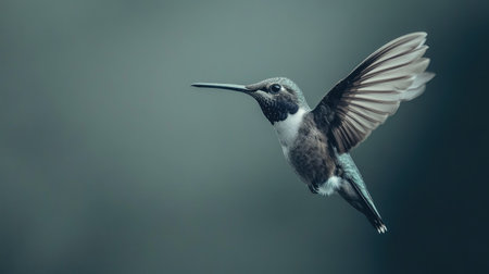 Aerial shot of a hummingbird mid-flight, showcasing its elegance with ample space for copy or creative useの素材