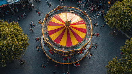 Birds-eye view of a European festival carousel, with space for text at the bottomの素材