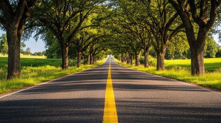 Serene road lined with trees, yellow centerline leading the way through a picturesque landscapeの素材