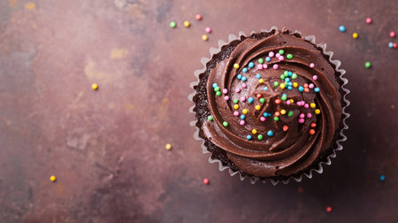 Top view of a chocolate cupcake with sprinkles, with ample space for your messageの素材