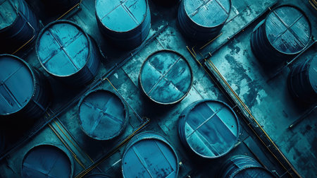 A top view of blue oil barrels in a warehouse, offering a geometric pattern and ample space for industrial-themed textの素材