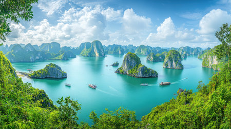 A panoramic view of Ha Long Bay, Vietnam, with limestone islands and emerald waters. Copy space availableの素材