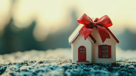 A miniature house with a festive bow on the roof, perfect for themes of gifts, real estate, or home buying, with copy spaceの素材