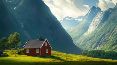 A picturesque scene of a red house in a green field, with towering mountains providing a stunning backdropの素材