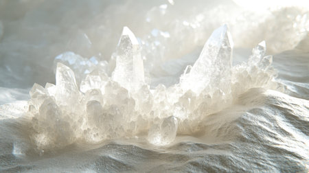 Gypsum crystals, white and translucent, delicately arranged on a soft surface, with light shining through. No people, copy spaceの素材