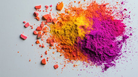 Top view of vibrant Holi powder colors scattered on a white surface, ready for celebrationの素材