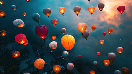 Aerial shot of European festival lanterns in the sky, with ample space for copyの素材