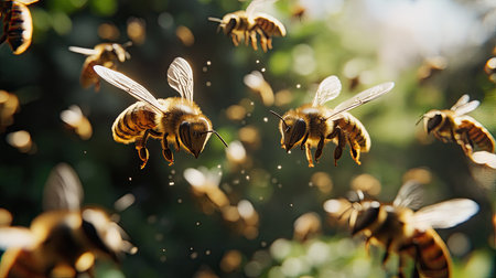 Detailed view of bees flying, with surrounding space for copy, great for emphasizing nature's intricate beautyの素材