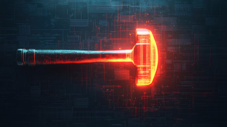 Top view of a hammer set against a glowing digital backdrop, with clear space for text or messaging.の素材