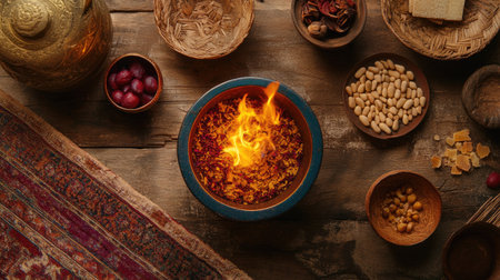 Zoroastrian sacred fire altar with sandalwood pieces arranged neatly beside it. High angle view, copy spaceの素材
