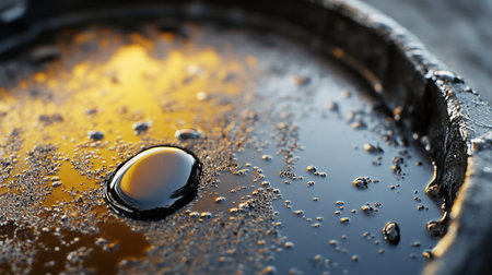 A container of crude petroleum, with a reflective surface and small droplets around the edge. No people, copy spaceの素材