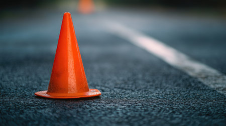 Close-up of a bright orange traffic cone on an asphalt surface, with ample copy space around itの素材