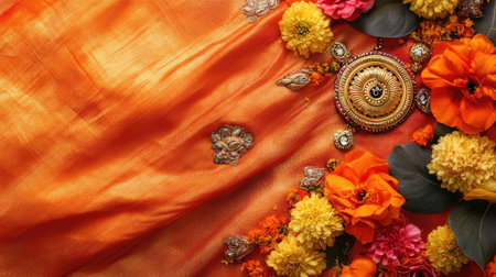 Sikh symbols, including the Khanda, placed on a vibrant orange cloth, surrounded by flowers. High angle view, copy spaceの素材