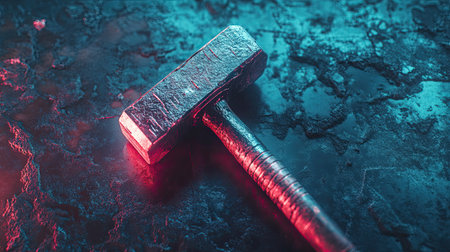Top view of a hammer set against a glowing digital backdrop, with clear space for text or messaging.の素材