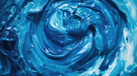 A close-up, top view of a swirling blue paint pool, with textures and shades of blue creating a calming effectの素材