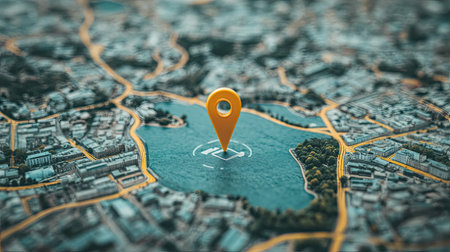 Overhead shot of a pin marking a location on a map, surrounded by blank space for textの素材