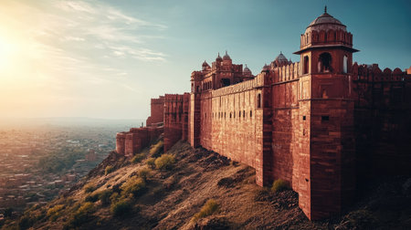 A historical ruby-red fort overlooking the desert landscape, perfect for travel content, with copy spaceの素材