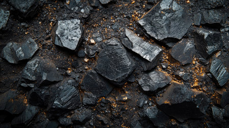 Manganese ore with its metallic sheen, laid out on a plain background, with light highlighting its texture. No people, copy spaceの素材