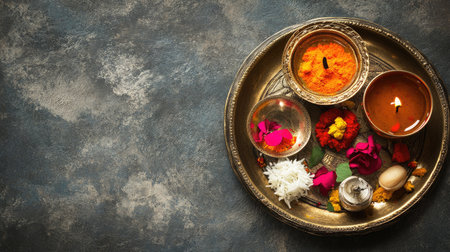 Hindu offerings (Prasad) arranged in a brass plate with a diya and sacred thread. High angle view, copy spaceの素材