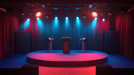Elevated view of a debate stage featuring a microphone under a focused spotlight, 3D backdrop, perfect for announcementsの素材