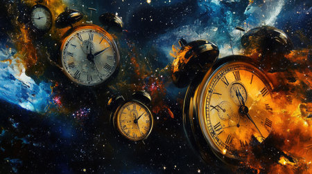 Abstract portrayal of time distortion with clocks melting into a starry space backdrop, blending reality with surrealismの素材