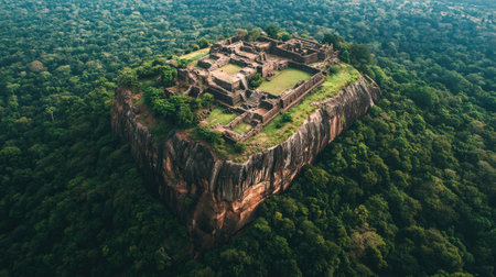 The majestic Sigiriya Rock Fortress in Sri Lanka, surrounded by dense forest and ancient ruins. Copy space availableの素材