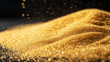 Fine, golden sand poured into a neat pile on a smooth surface, with grains scattered around. No people, copy spaceの素材