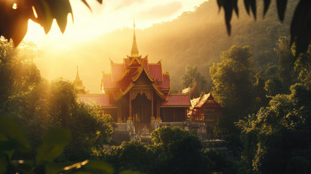Ruby-colored Buddhist temple glowing under the setting sun with lush green surroundings, copy space includedの素材